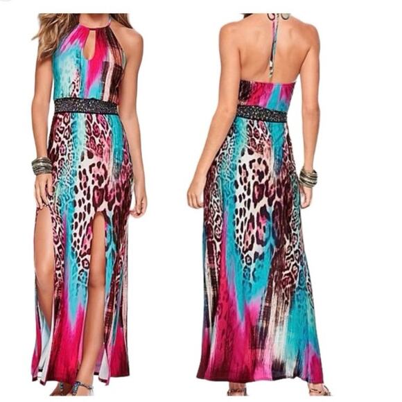 Venus Halter Beaded Leopard Print Multi-color Maxi Dress - Picture 1 of 11